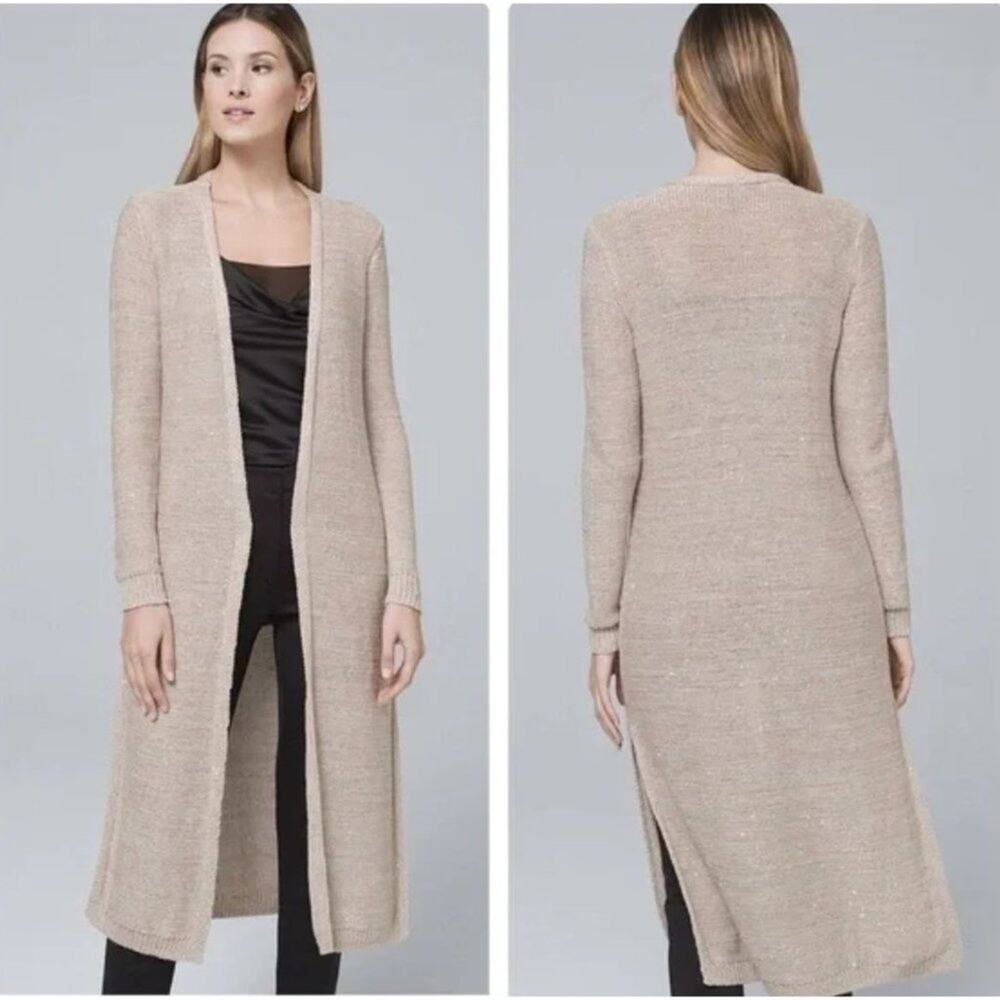 White House Black Market Cardigan Sweater Women's Size Small Tan Metallic Thread